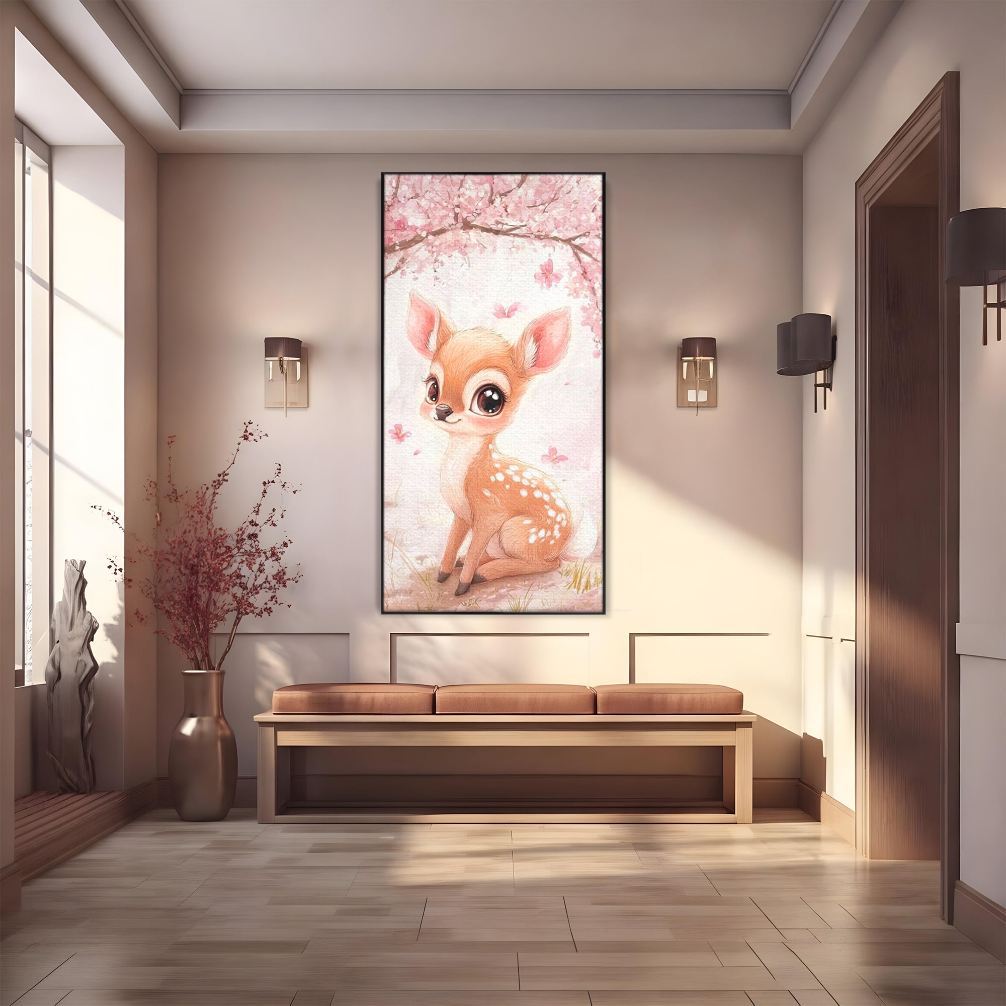 Tablou canvas cu ilustratie cu un pui de caprioara, in rama de aluminiu negru